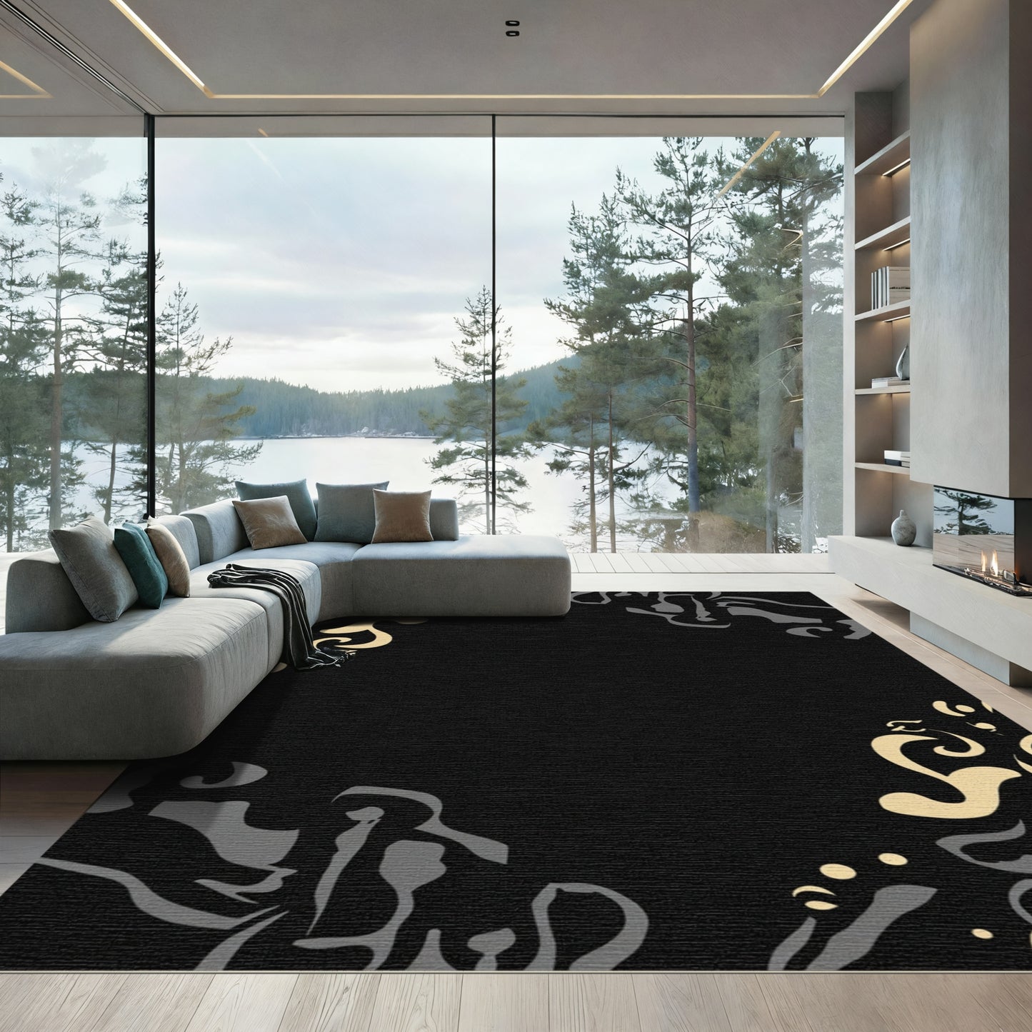 Black Beige Gray Abstract Swirl Rug