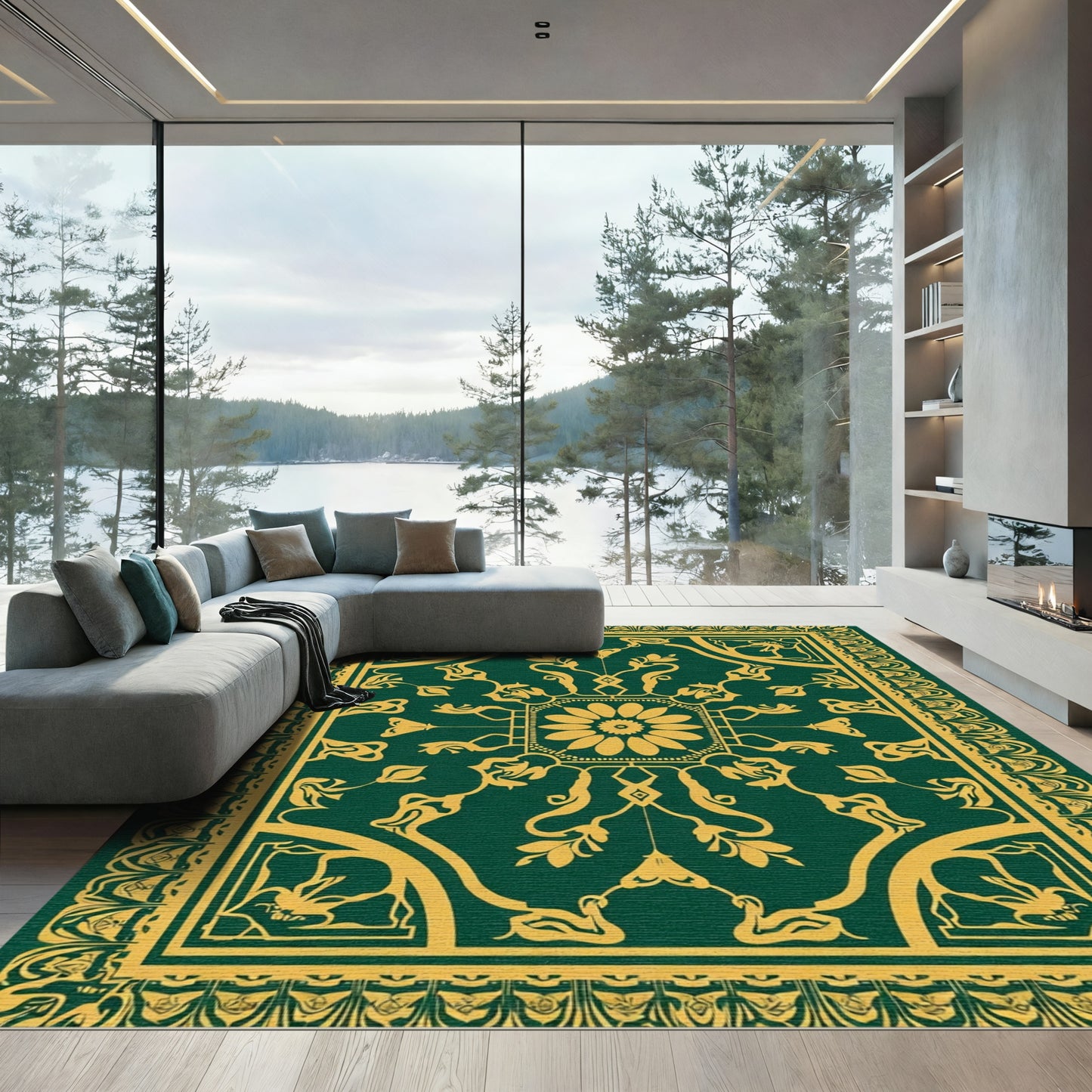 Deep Emerald Gold Stylized Botanical Medallion Rug