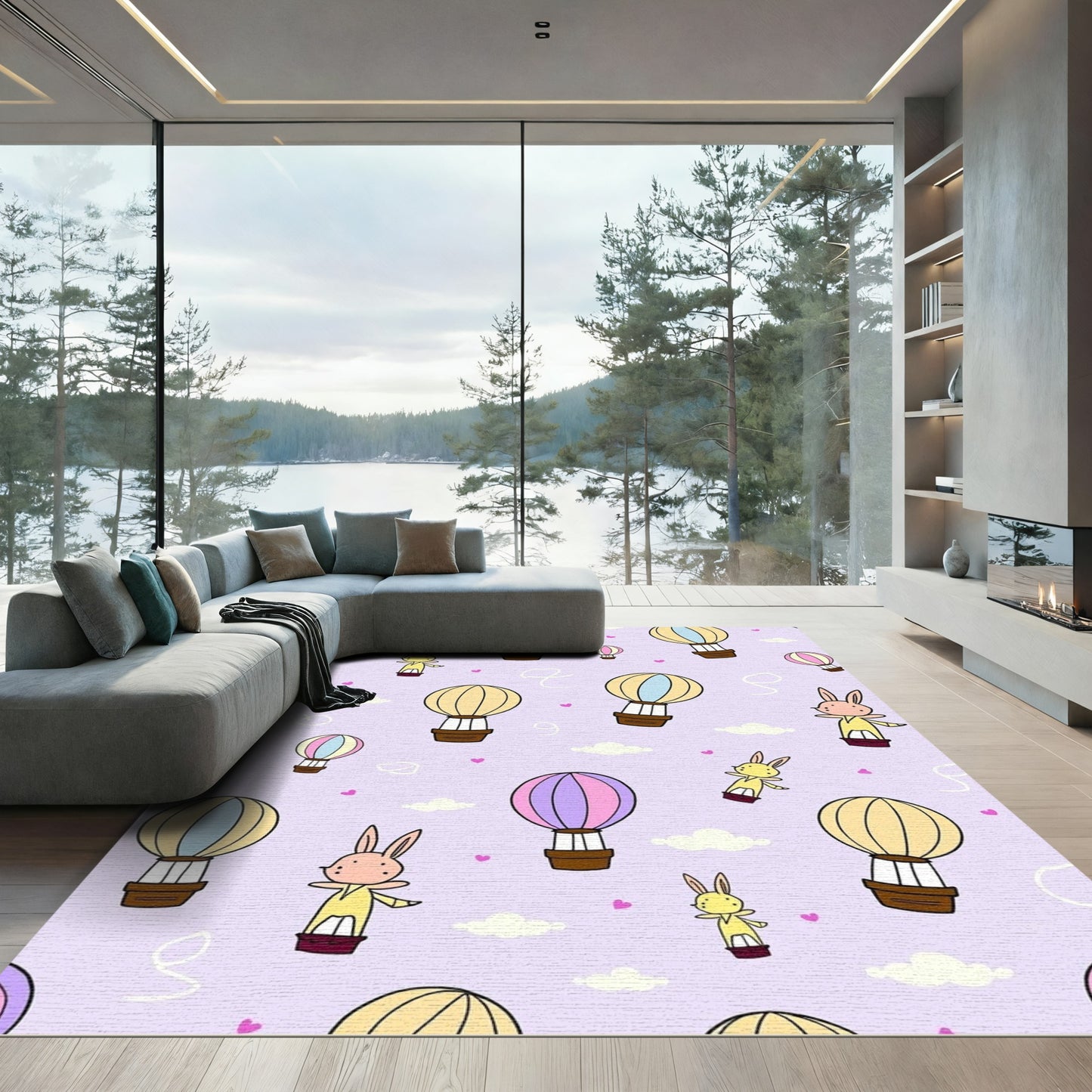 Whimsical Bunny Hot Air Balloon Clouds Rug