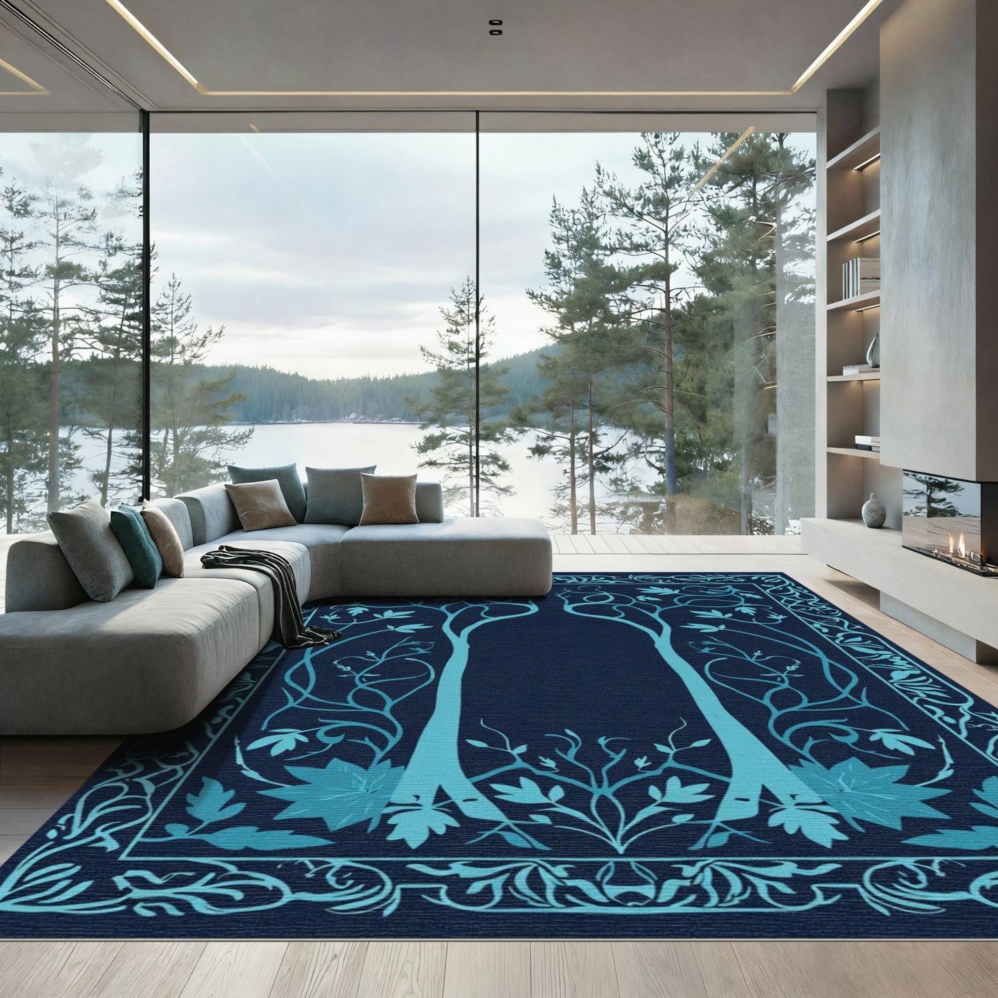 Cyan Tree Flourish Scroll Border Rug