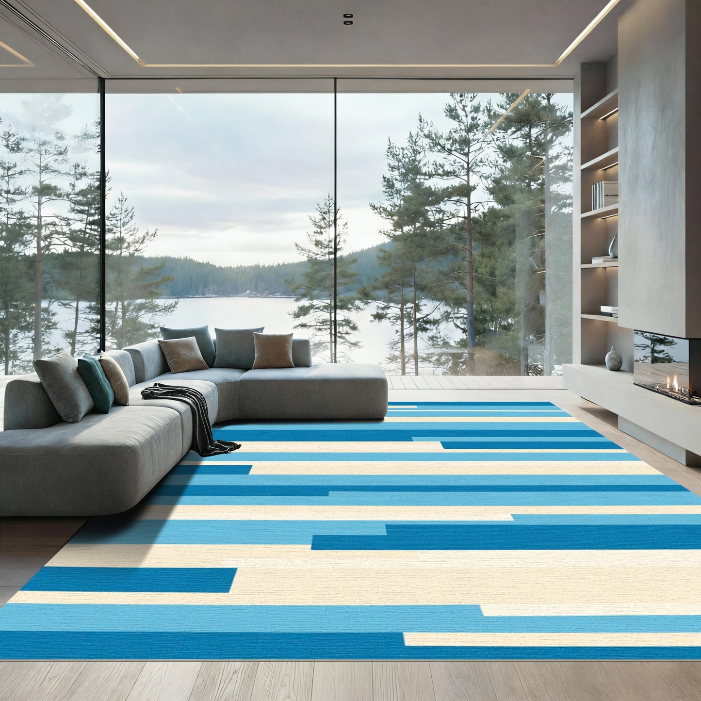 Modern Blue Cream Striped Geometric Rug
