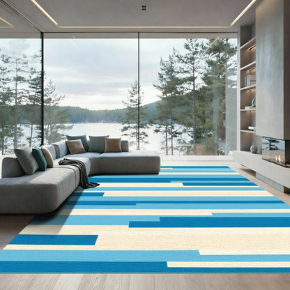 Modern Blue Cream Striped Geometric Rug