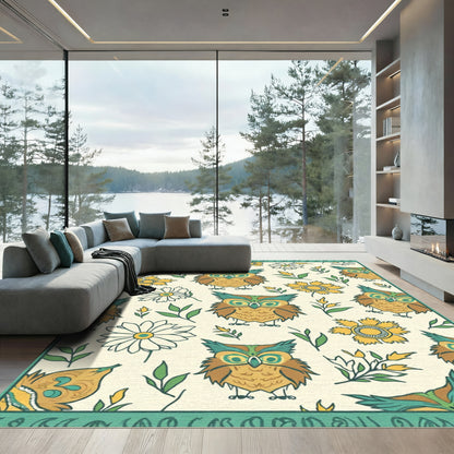 Brown Green Owl Floral Collection Rug