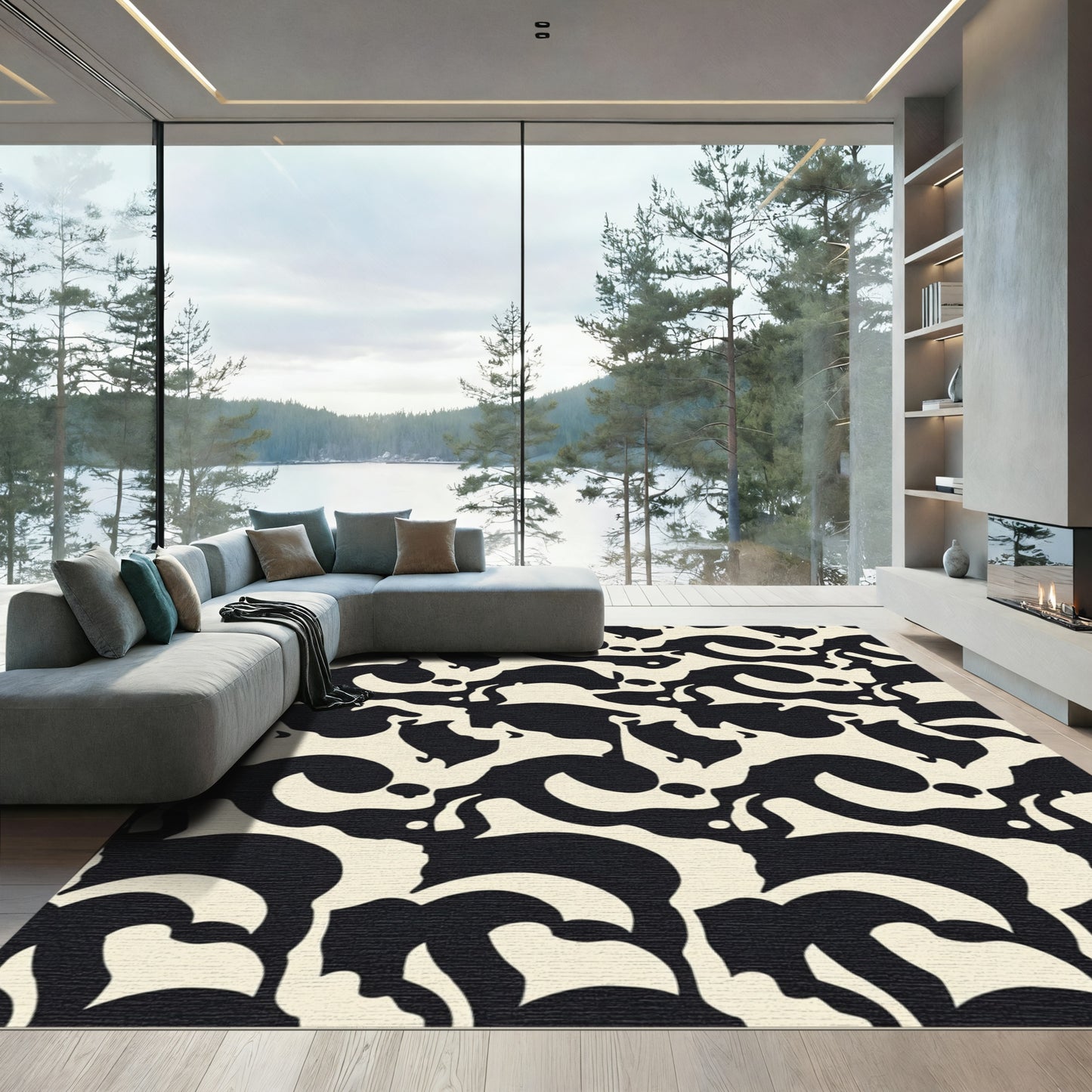 Cream and Black Abstract Swirl Rug