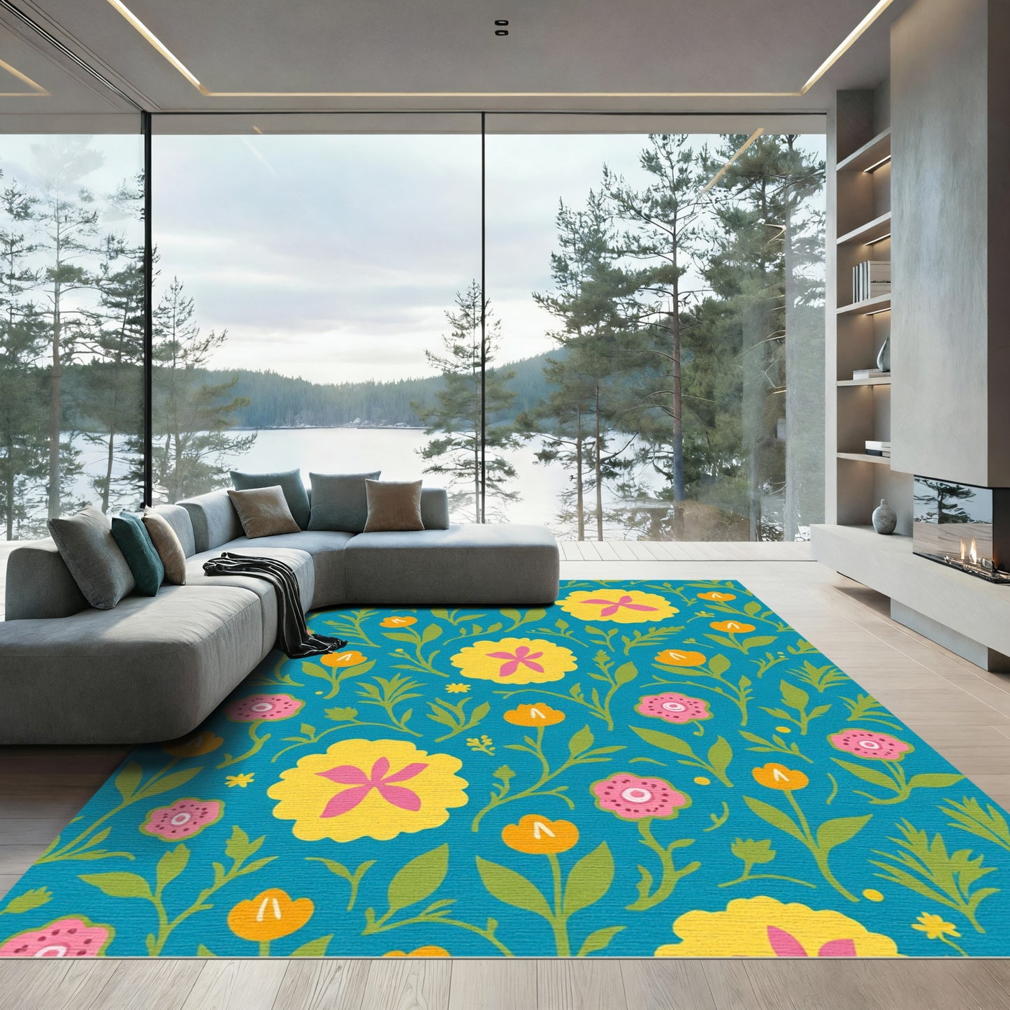 Vibrant Teal Pink Yellow Floral Meadow Rug