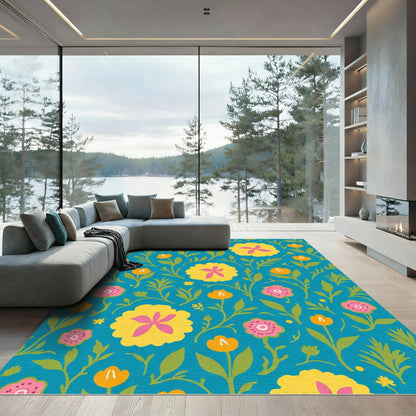 Vibrant Teal Pink Yellow Floral Meadow Rug