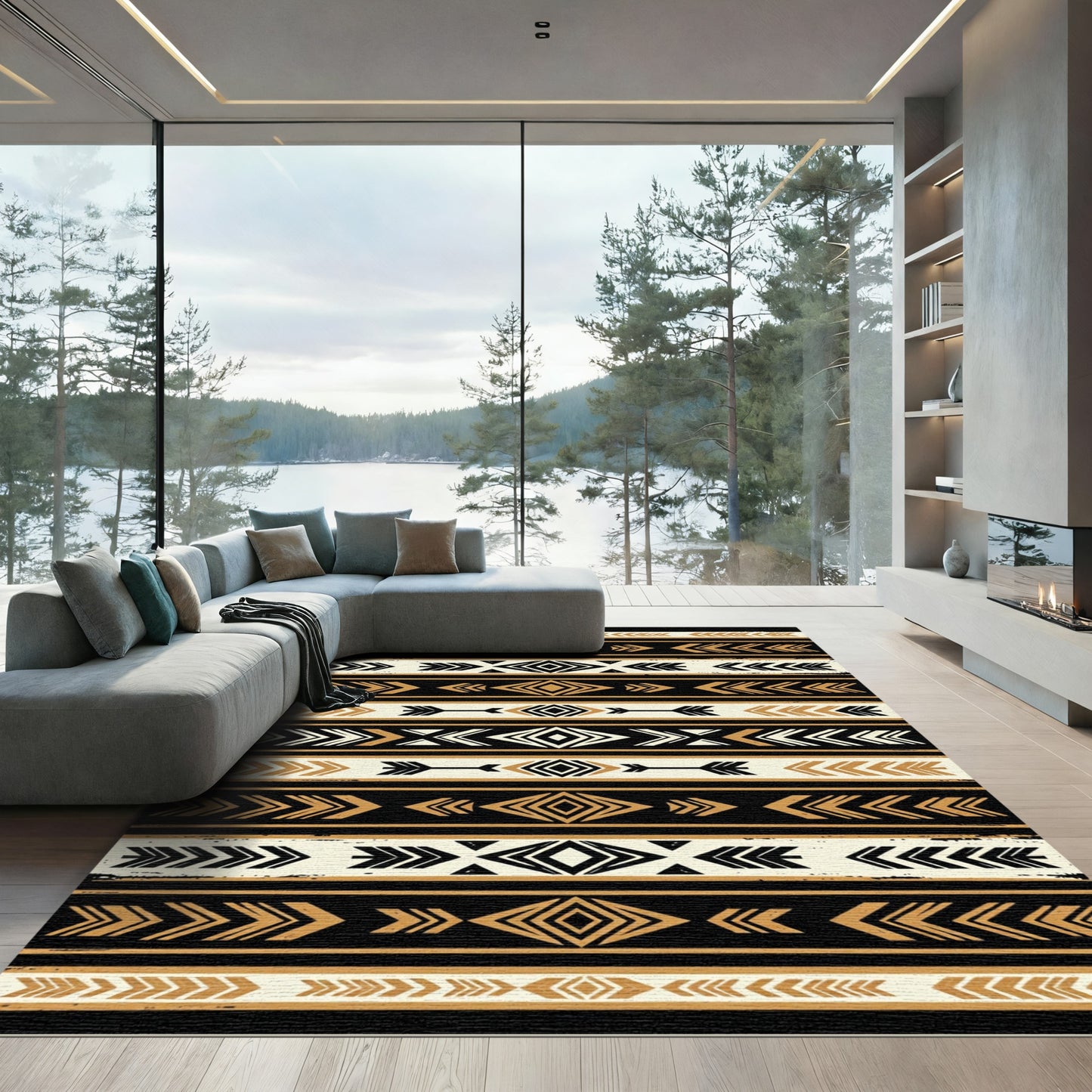 Black Gold Tribal Arrow Geometric Rug