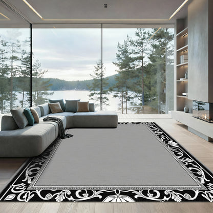 Luxe Black White Floral Scroll Frame Rug