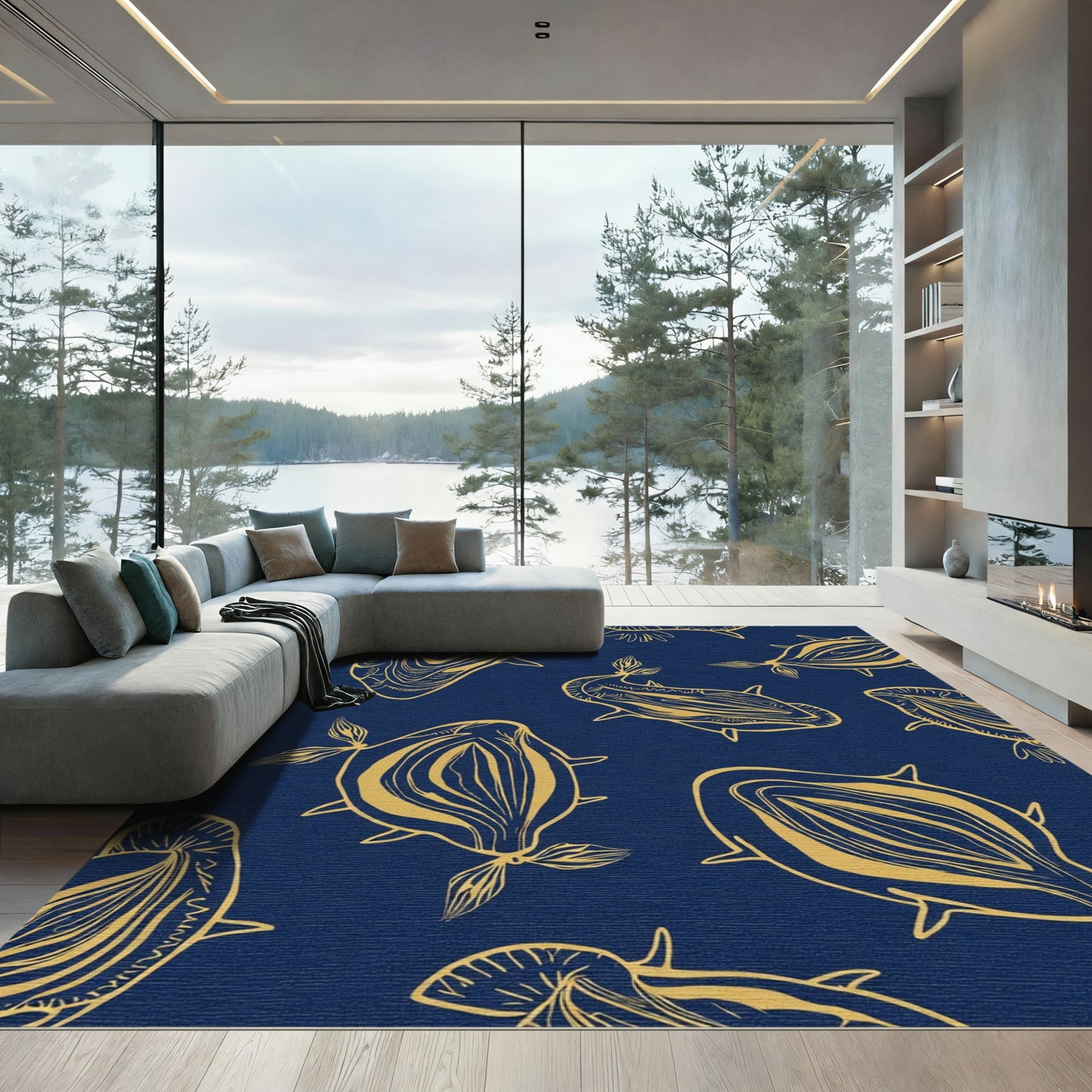Golden Marine Life Navy Blue Rug