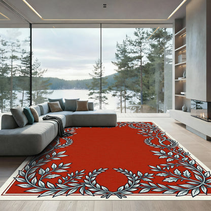 Elegant Red Laurel Wreath Border Rug