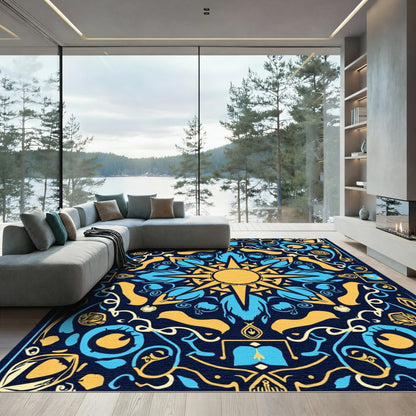 Golden Blue Sunburst Mandala Rug