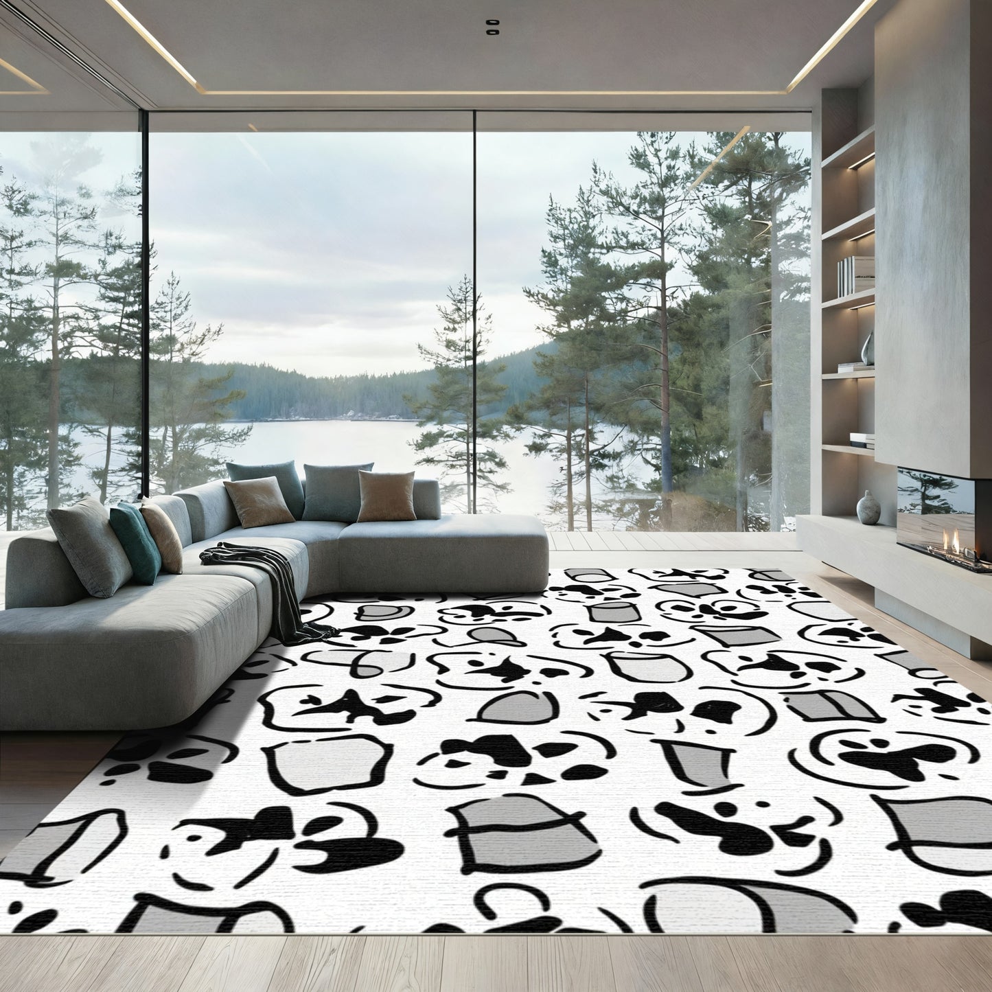 Monochrome Abstract Doodle Shapes Rug