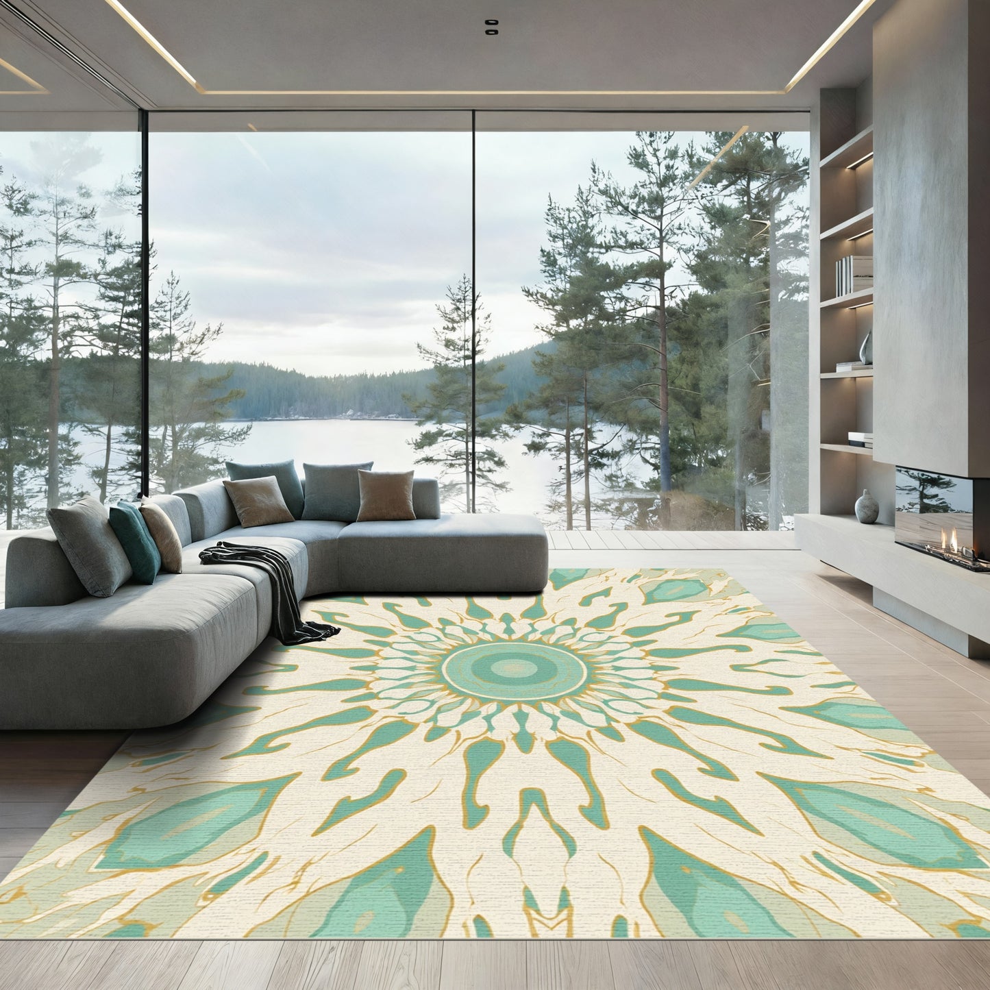 Pale Aqua Gold Sunburst Mandala Rug