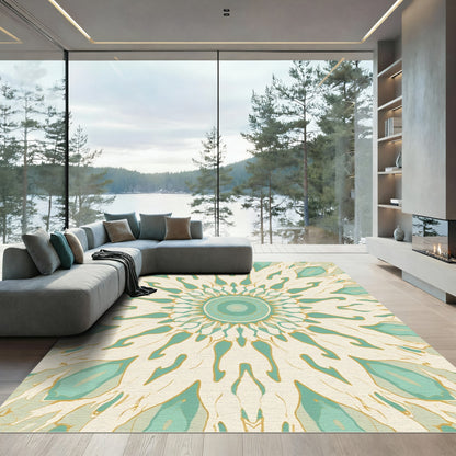 Pale Aqua Gold Sunburst Mandala Rug