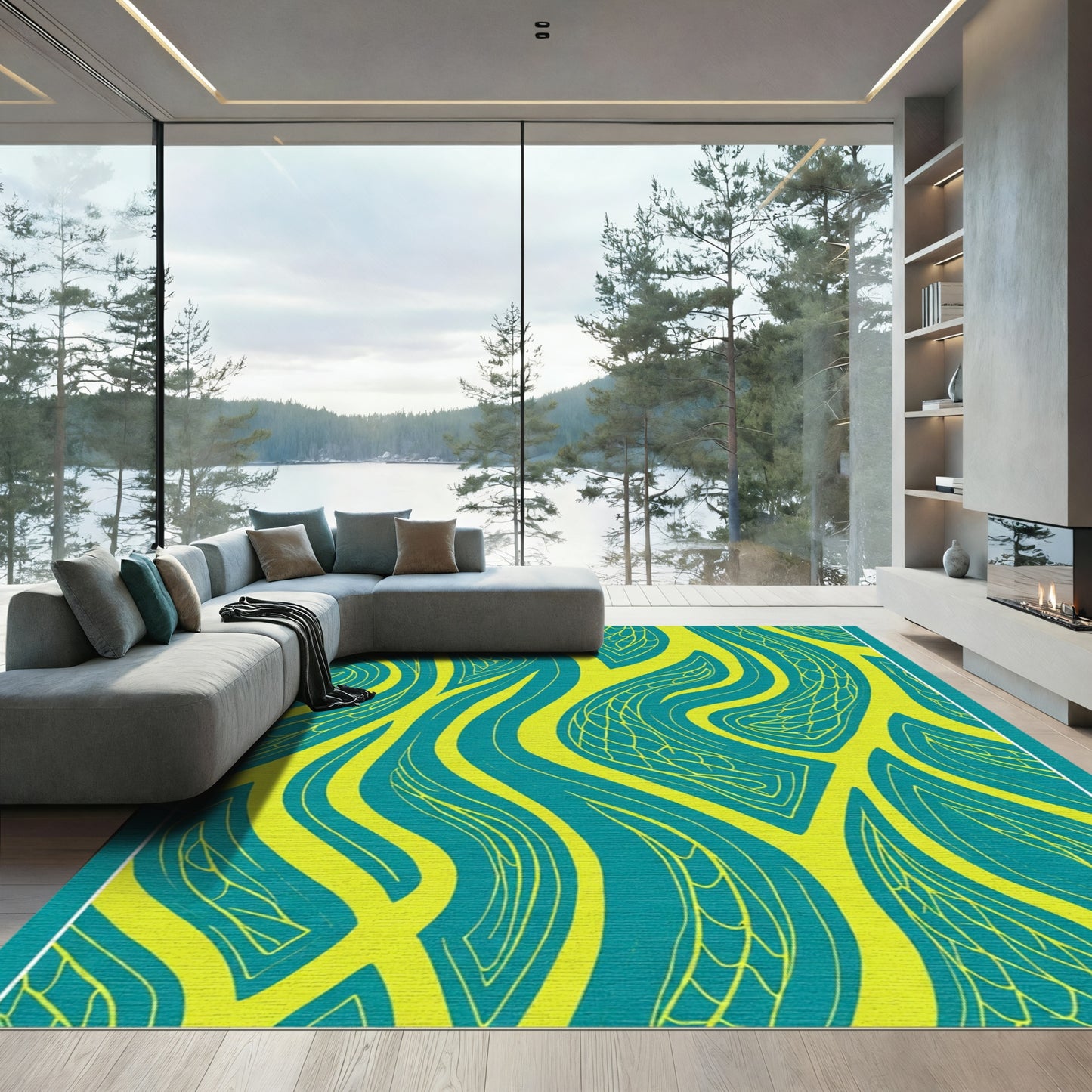 Teal Yellow Flowing Organic Lines Rug