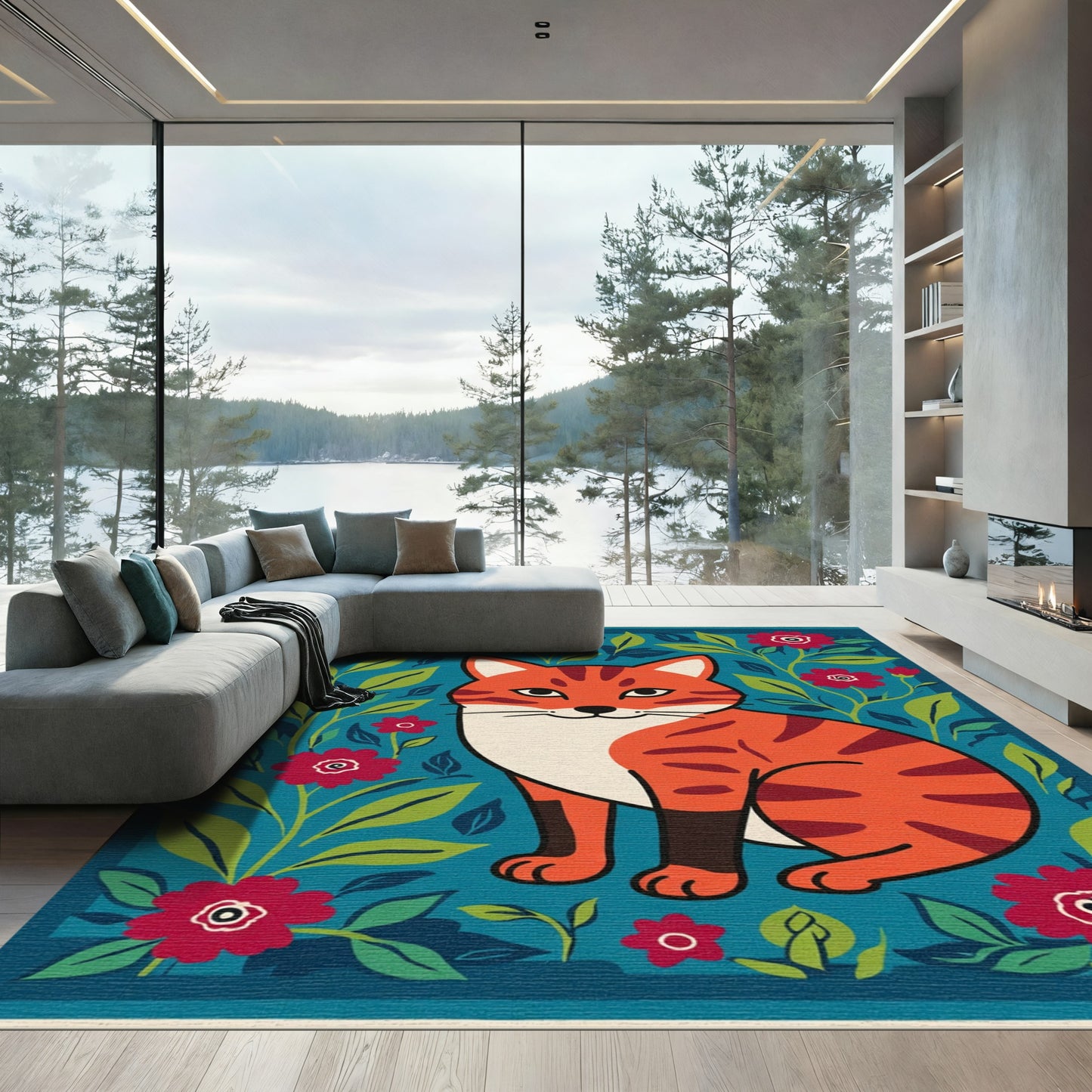 Whimsical Orange Tabby Floral Garden Rug