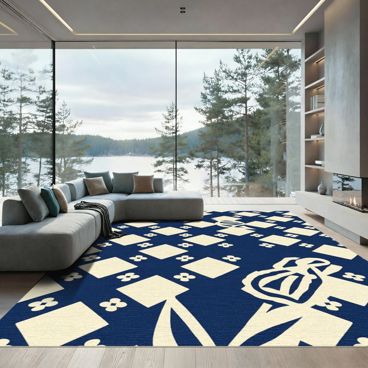 Navy Cream Diamond Floral Arrangement Rug