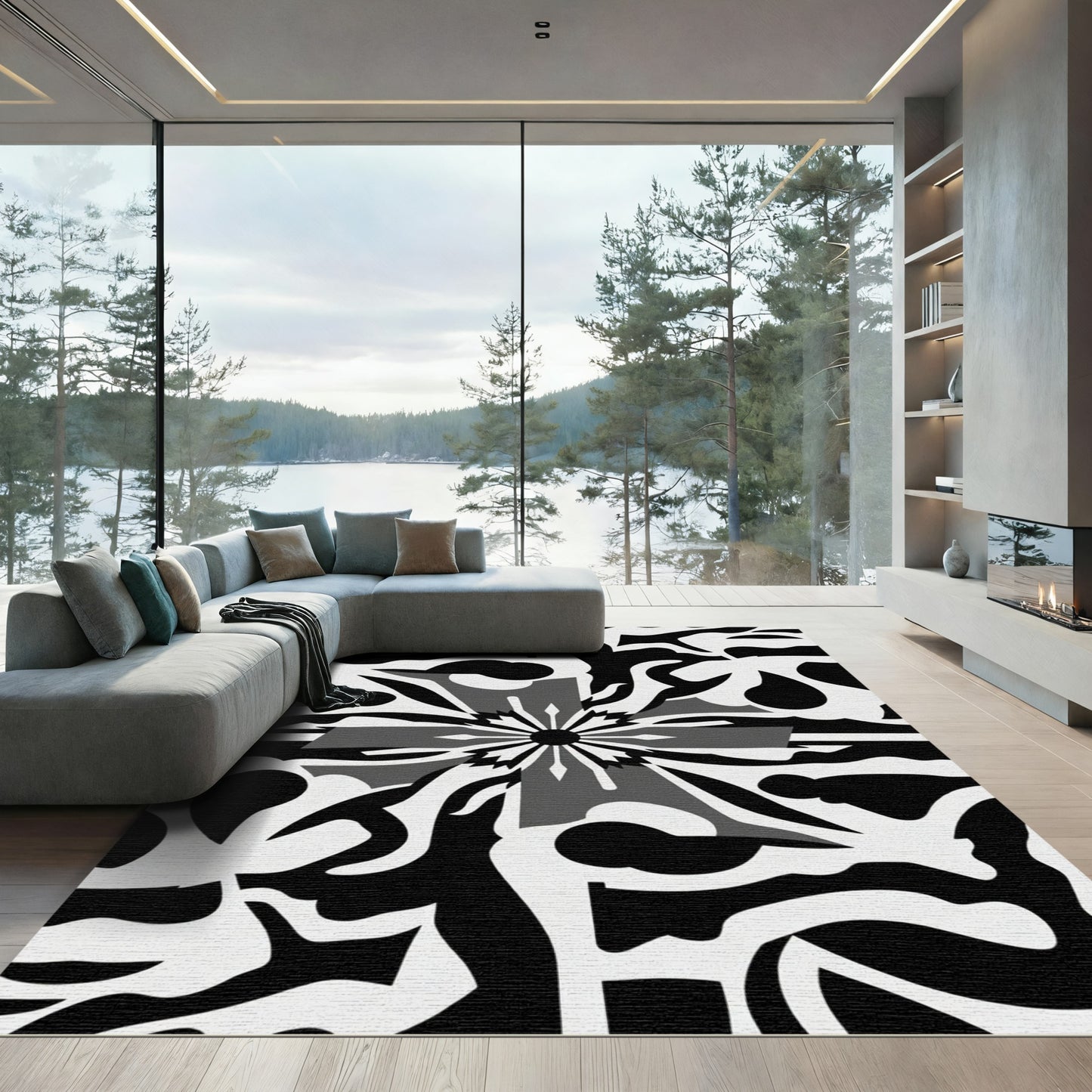 Monochrome Abstract Floral Burst Rug