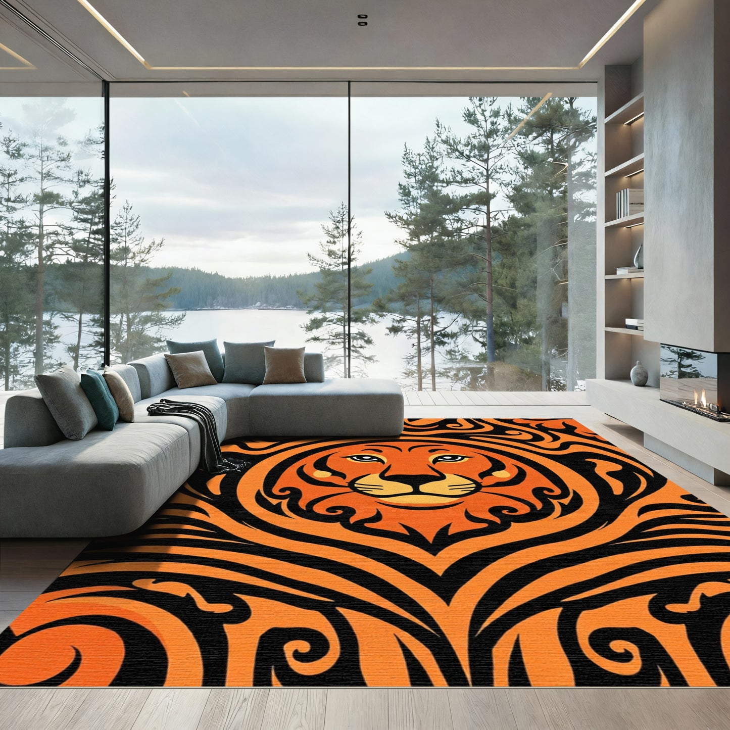 Bold Orange Black Lion Face Rug