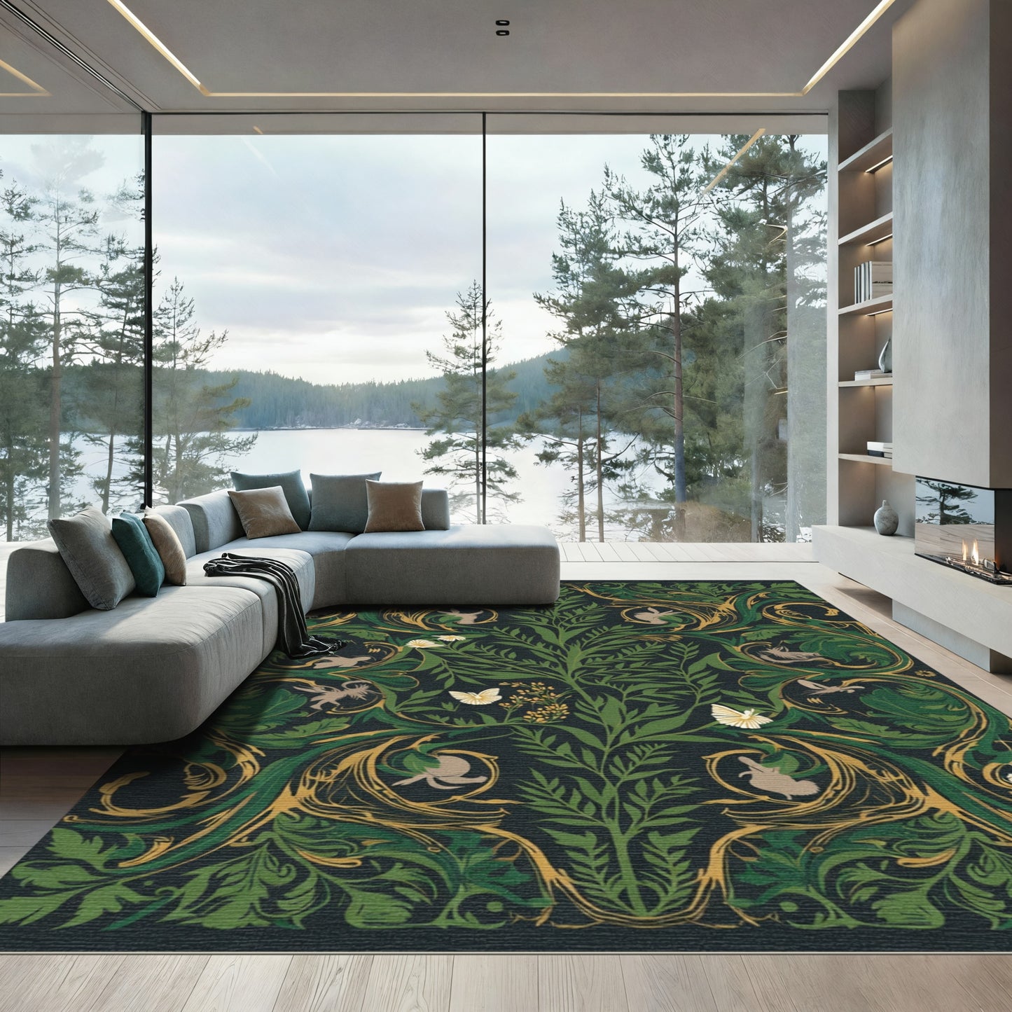 Deep Emerald Forest Creatures Butterflies Rug