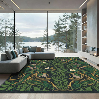 Deep Emerald Forest Creatures Butterflies Rug