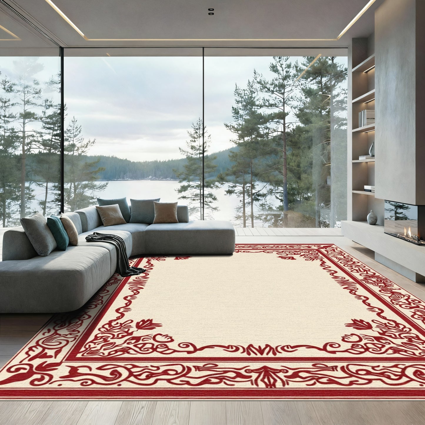 Crimson Red Ornate Border Rug