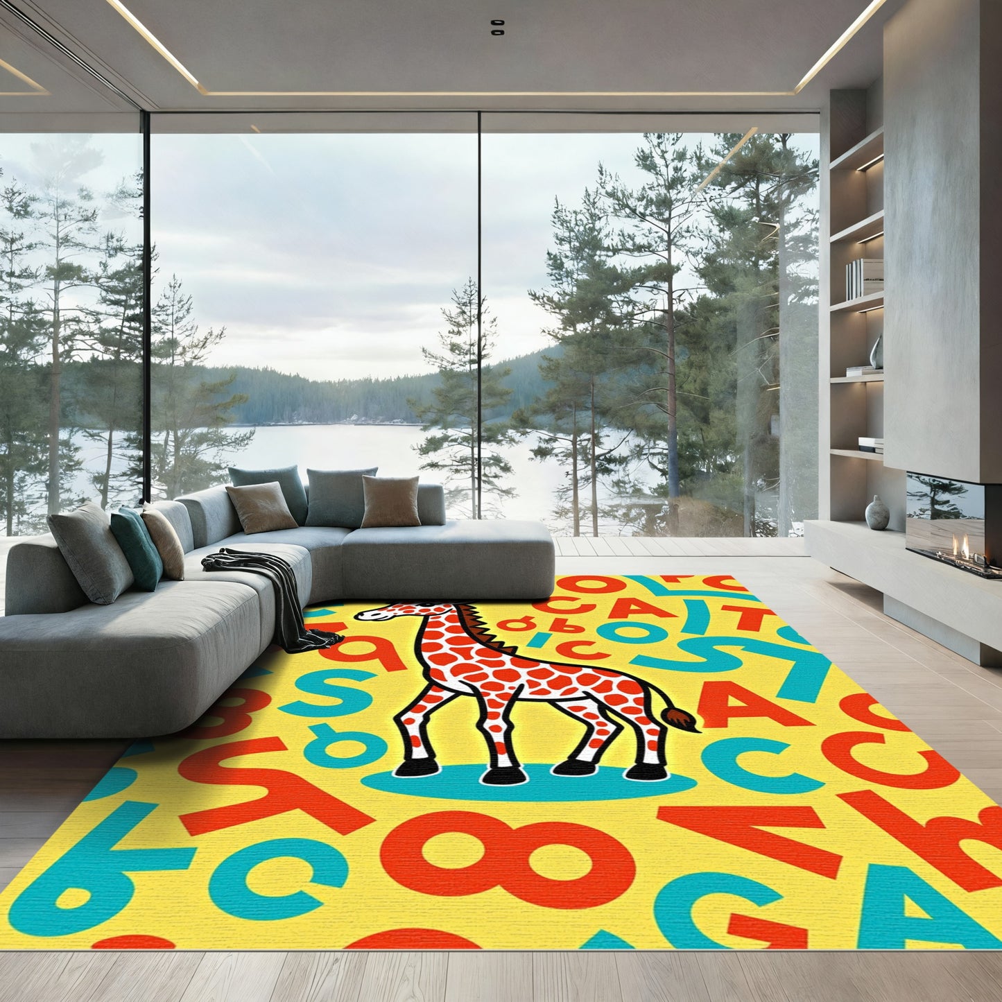Orange Giraffe Alphabet Yellow Rug