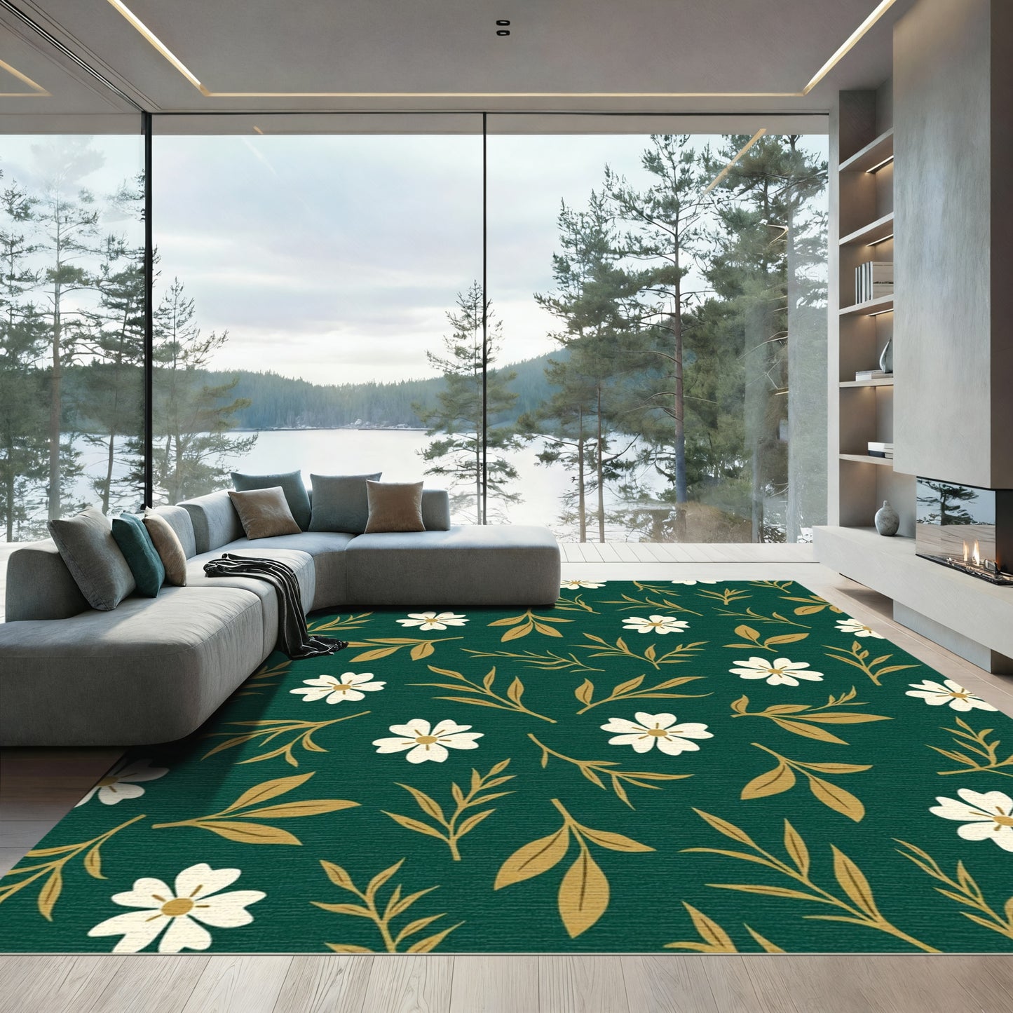 Emerald Green White Floral Branch Rug