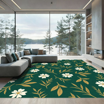 Emerald Green White Floral Branch Rug