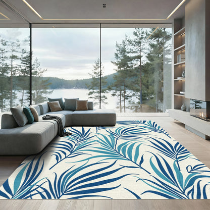 Deep Blue Palm Frond Foliage Rug