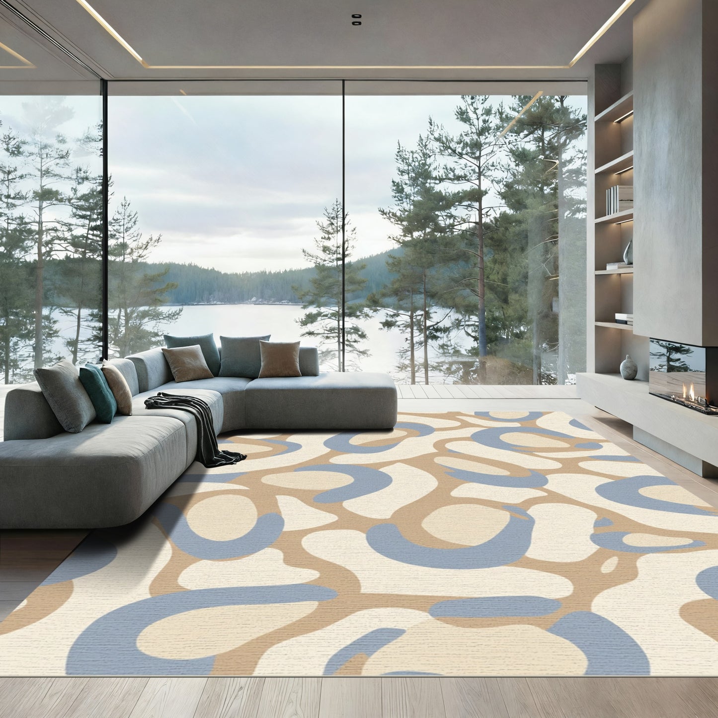 Abstract Beige Midcentury Organic Shapes Rug