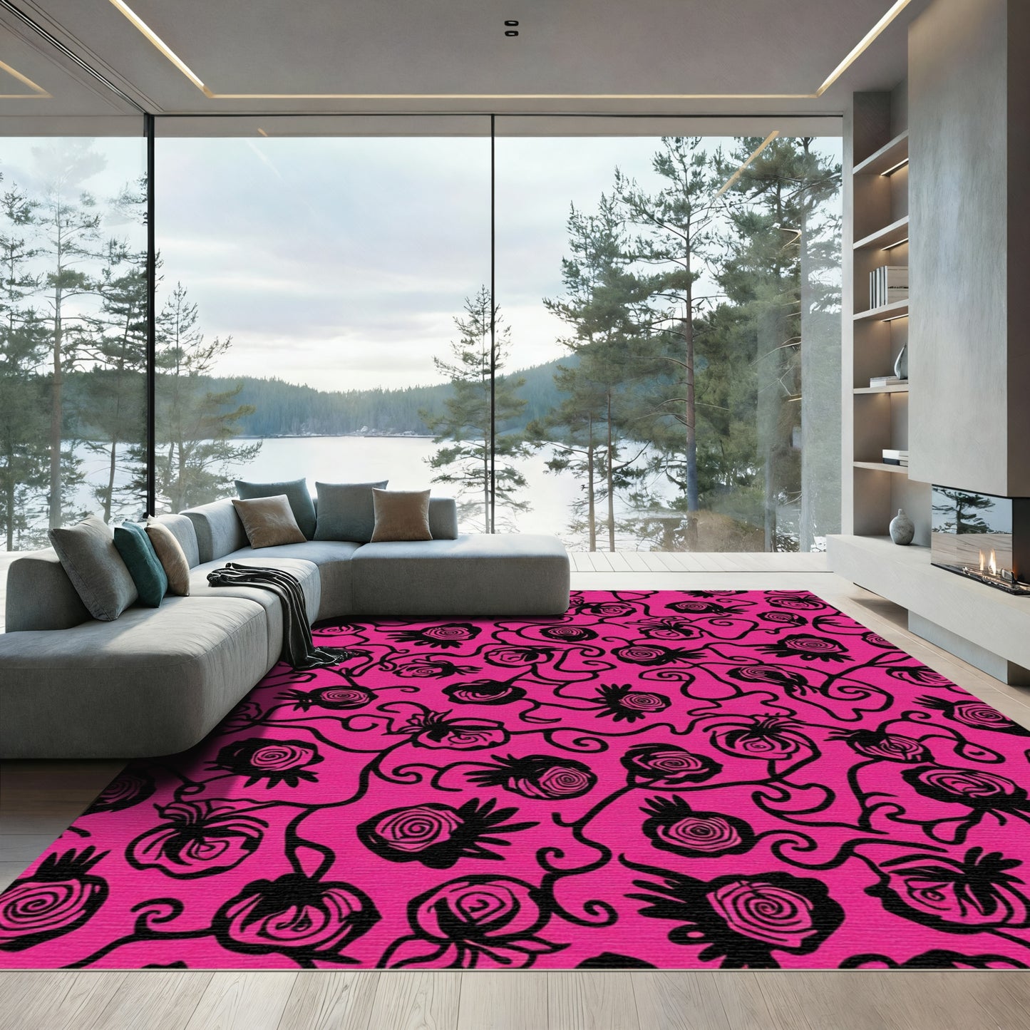 Hot Pink Black Floral Vine Swirl Rug