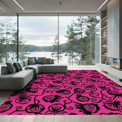 Hot Pink Black Floral Vine Swirl Rug