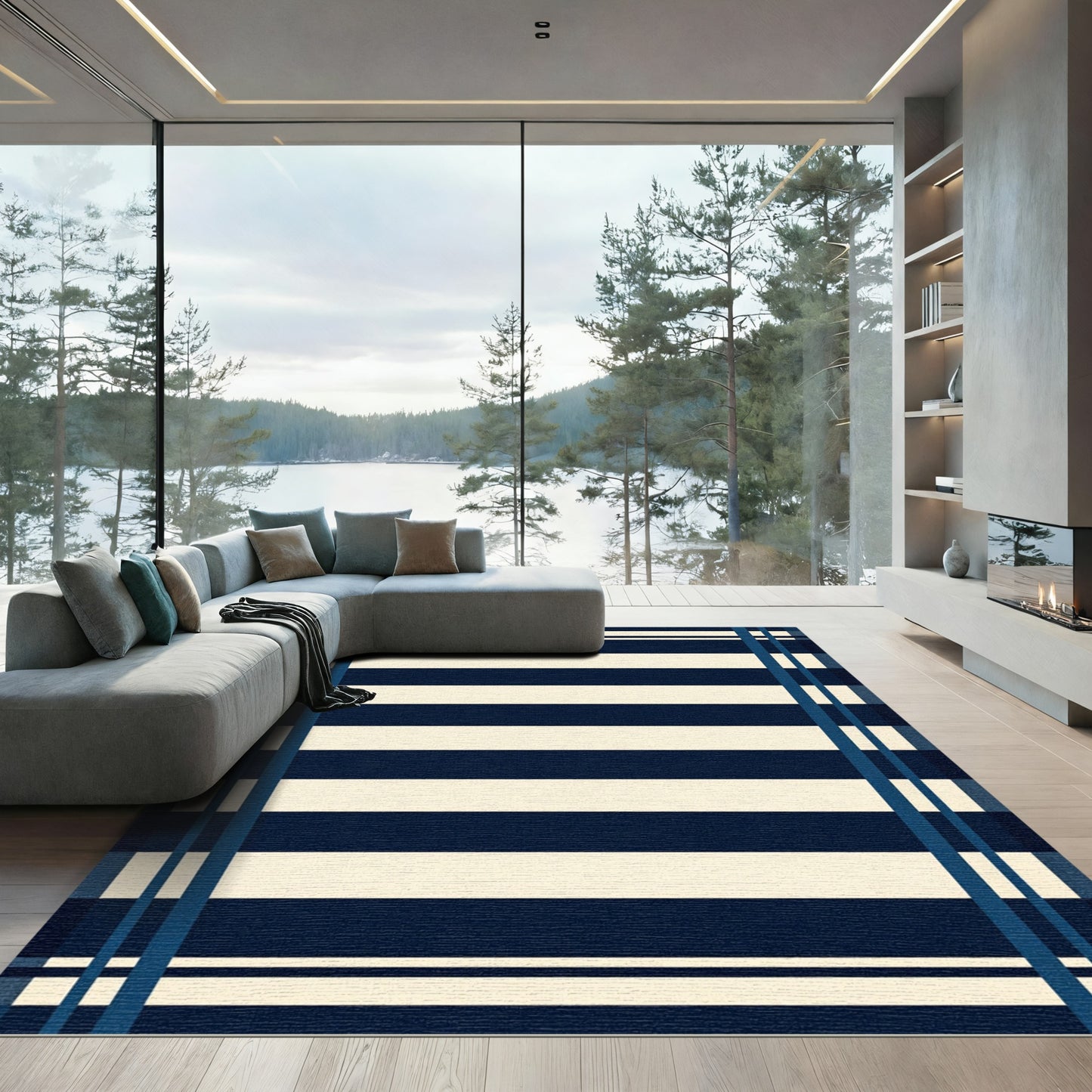 Navy Cream Horizontal Stripe Border Rug