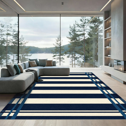 Navy Cream Horizontal Stripe Border Rug