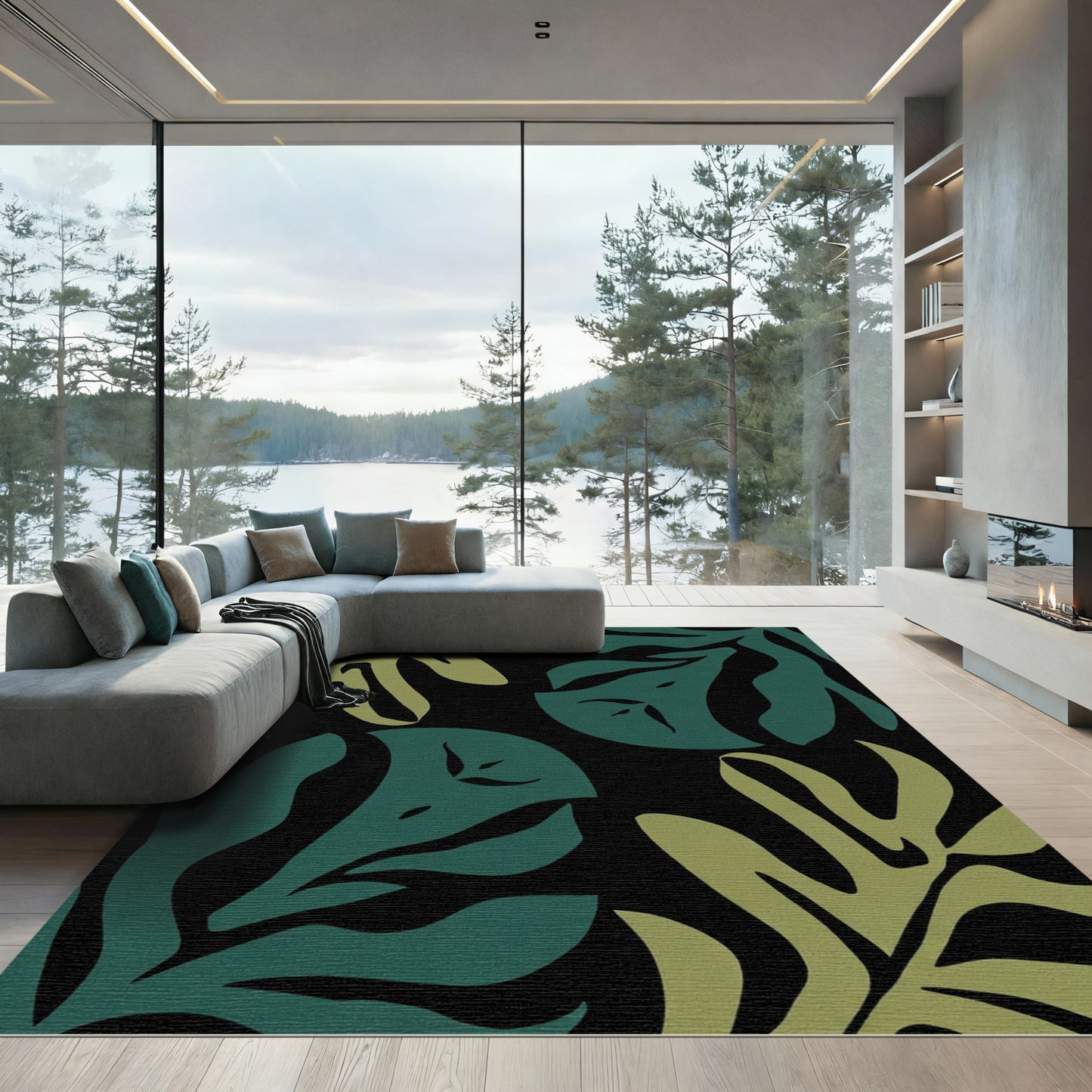 Deep Teal Olive Tropical Leaves Rug