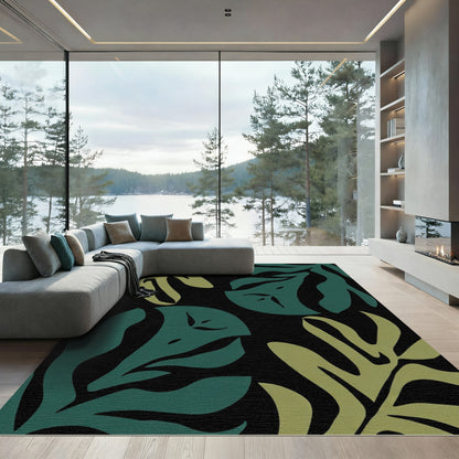 Deep Teal Olive Tropical Leaves Rug