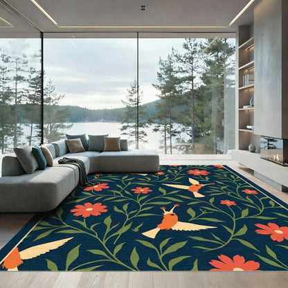 Orange Hummingbirds Floral Navy Garden Rug
