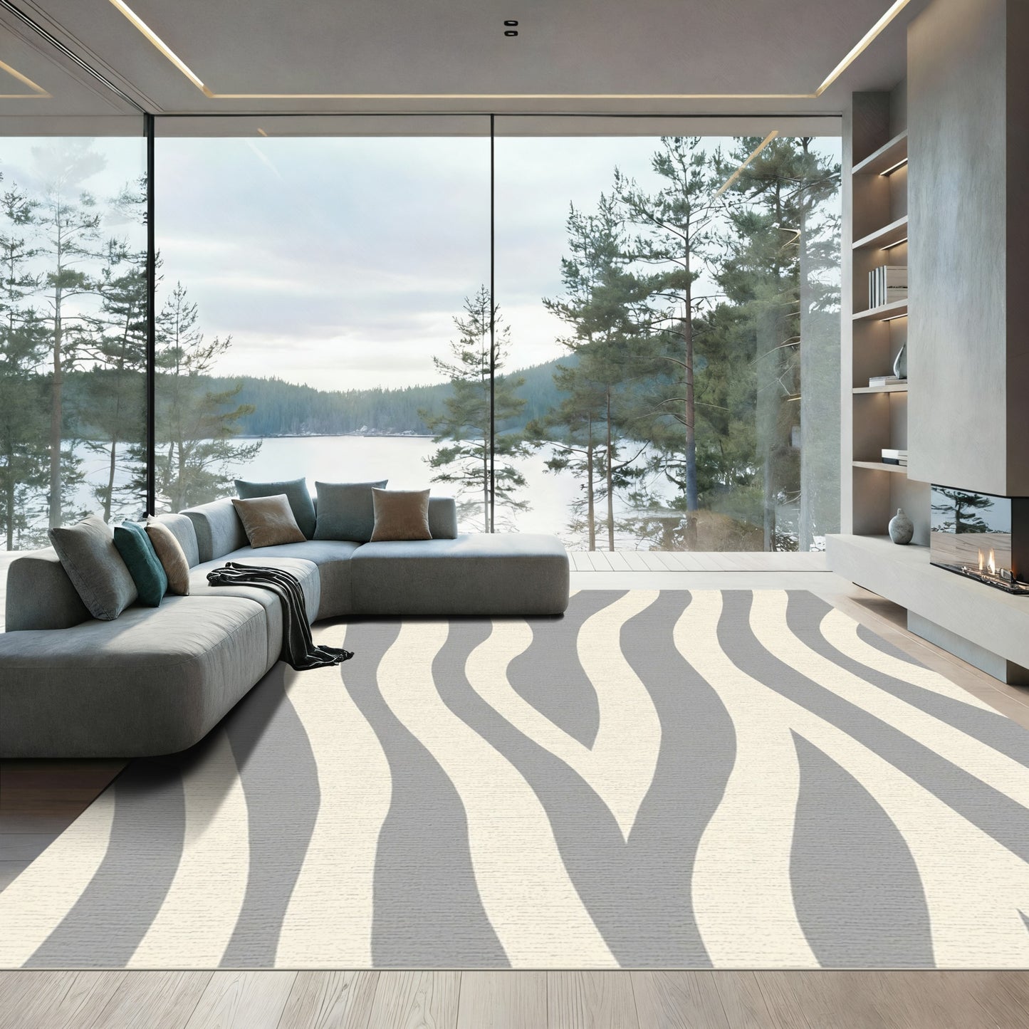 Cream And Gray Wavy Stripe Rug