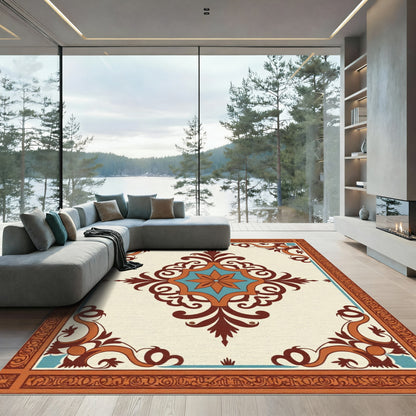 Brown Teal Floral Medallion Cream Rug