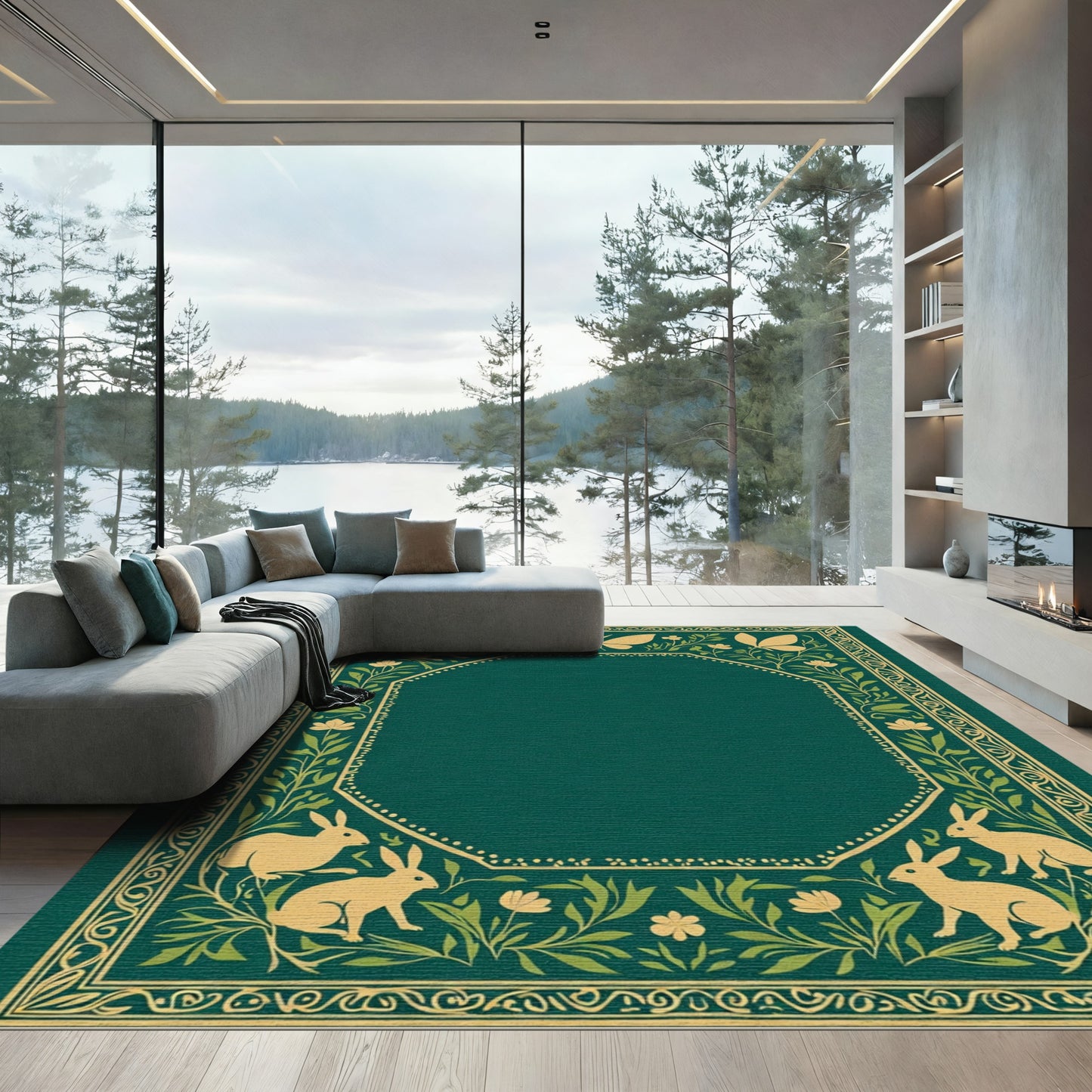 Golden Rabbits and Butterflies Border Rug