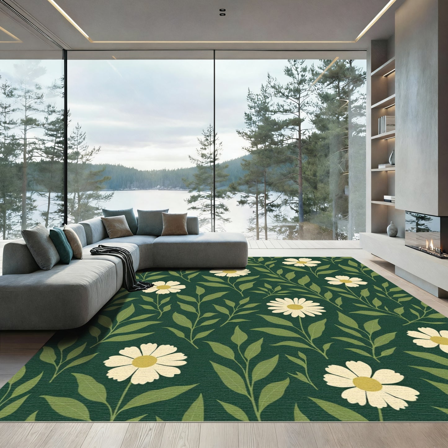 Green Daisy Floral Meadow Rug