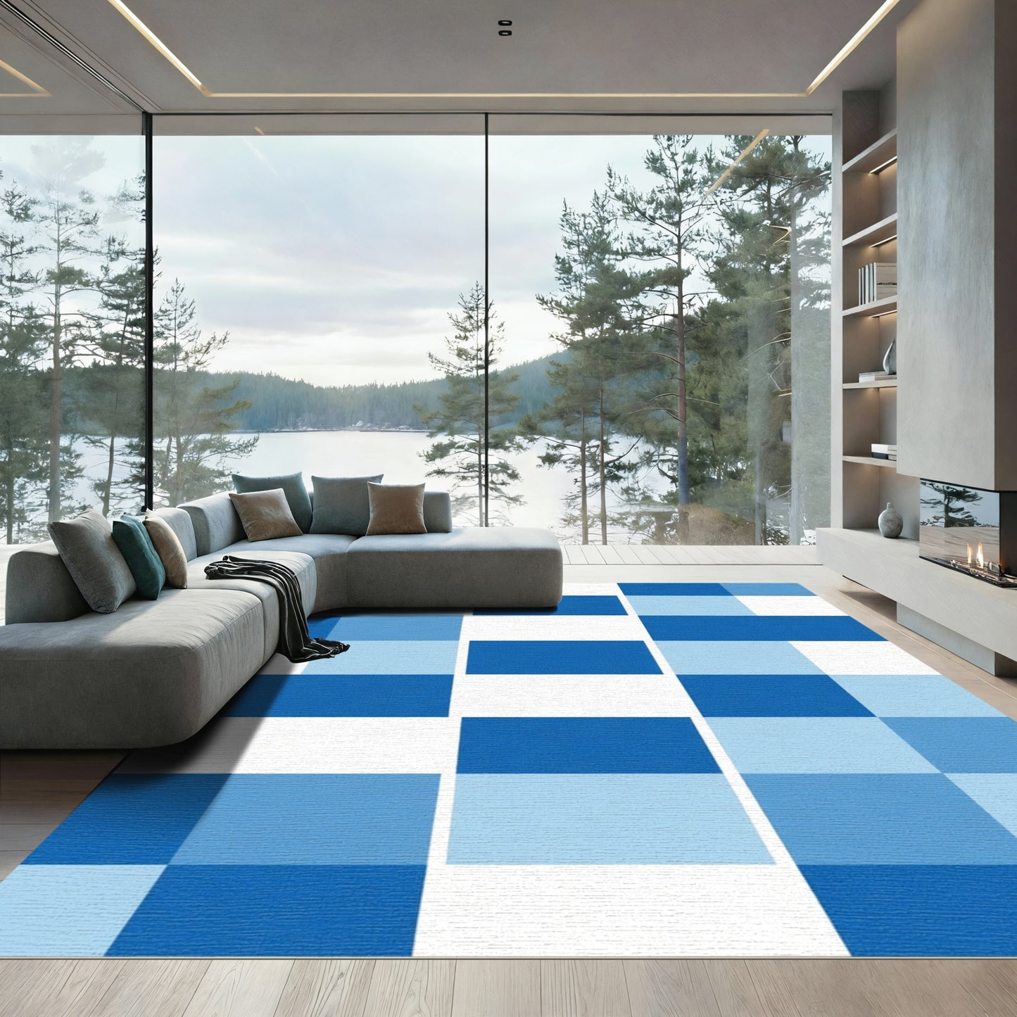 Cool Blue Gingham Blocks Rug