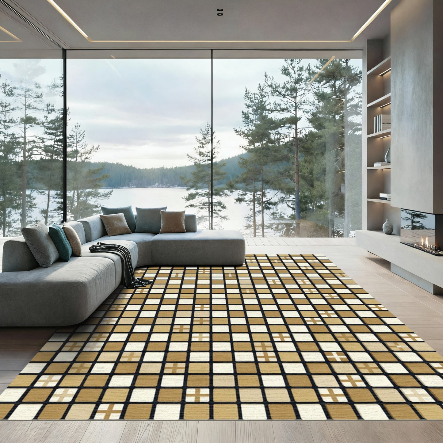 Golden Plaid Square Geometric Composition Rug