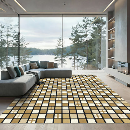 Golden Plaid Square Geometric Composition Rug