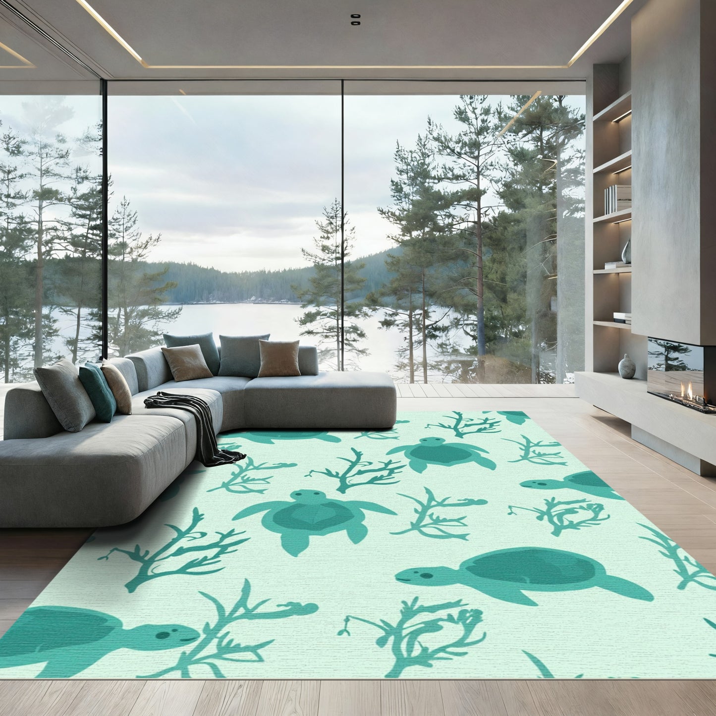 Teal Sea Turtle Coral Pattern Rug