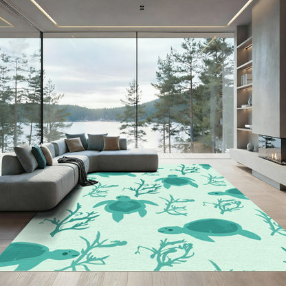 Teal Sea Turtle Coral Pattern Rug