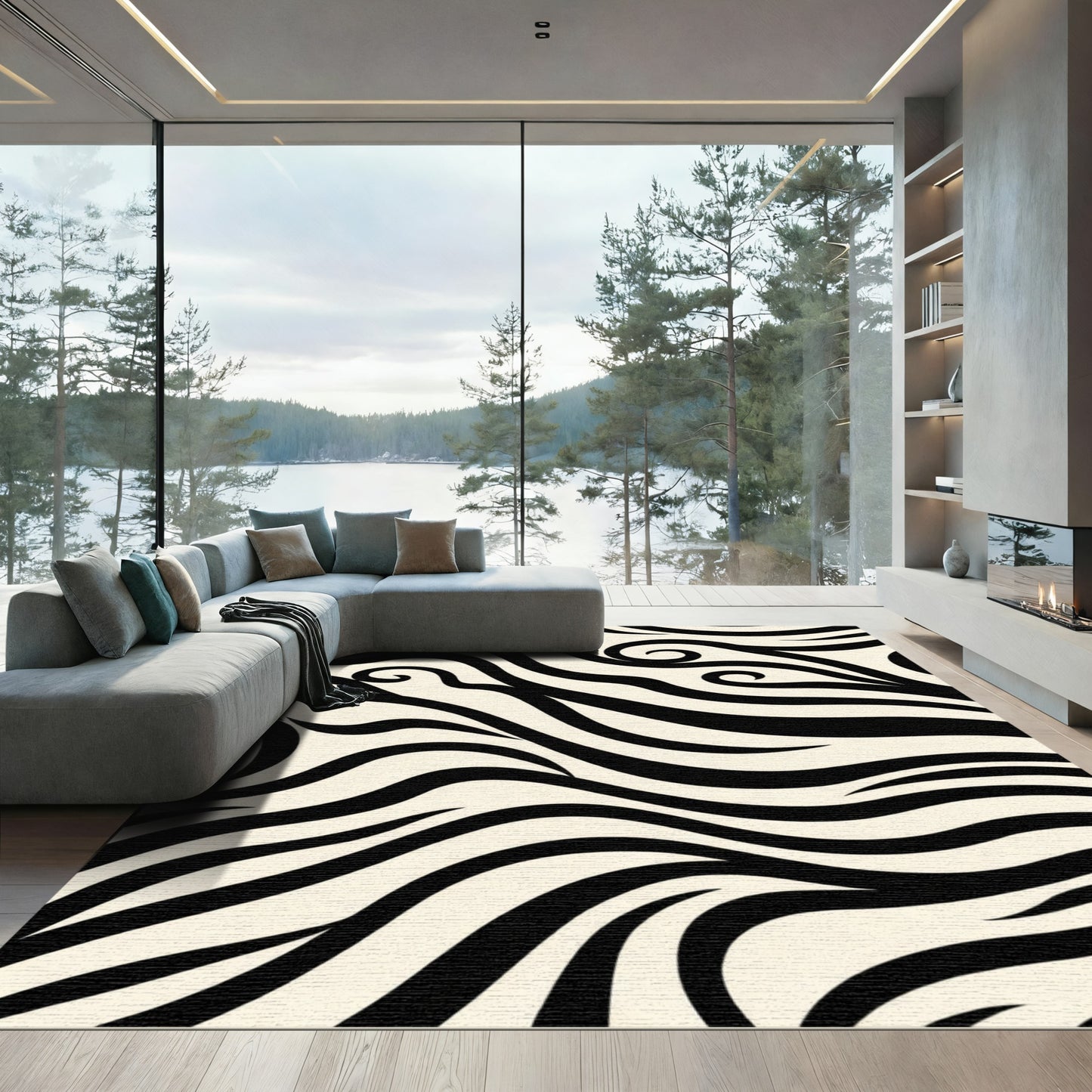Cream Black Abstract Swirl Rug