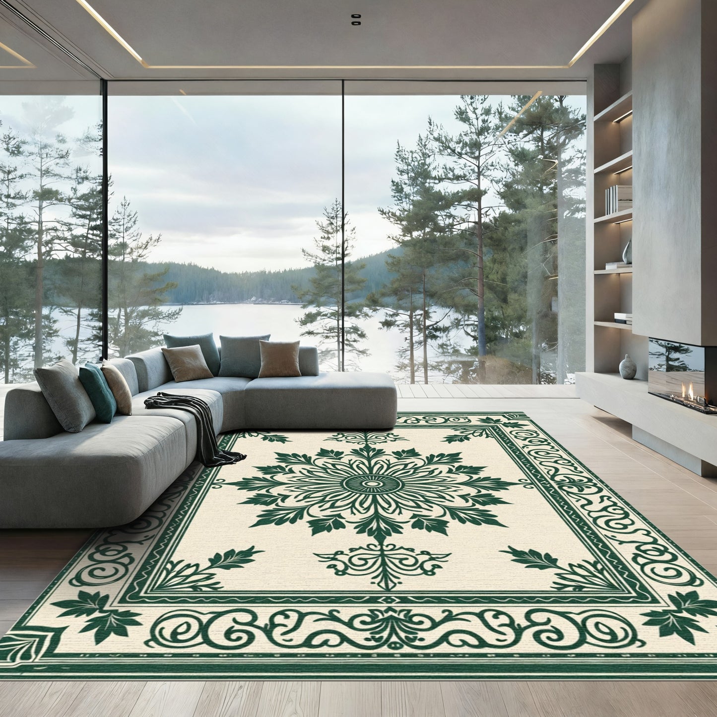Cream Emerald Floral Medallion Border Rug