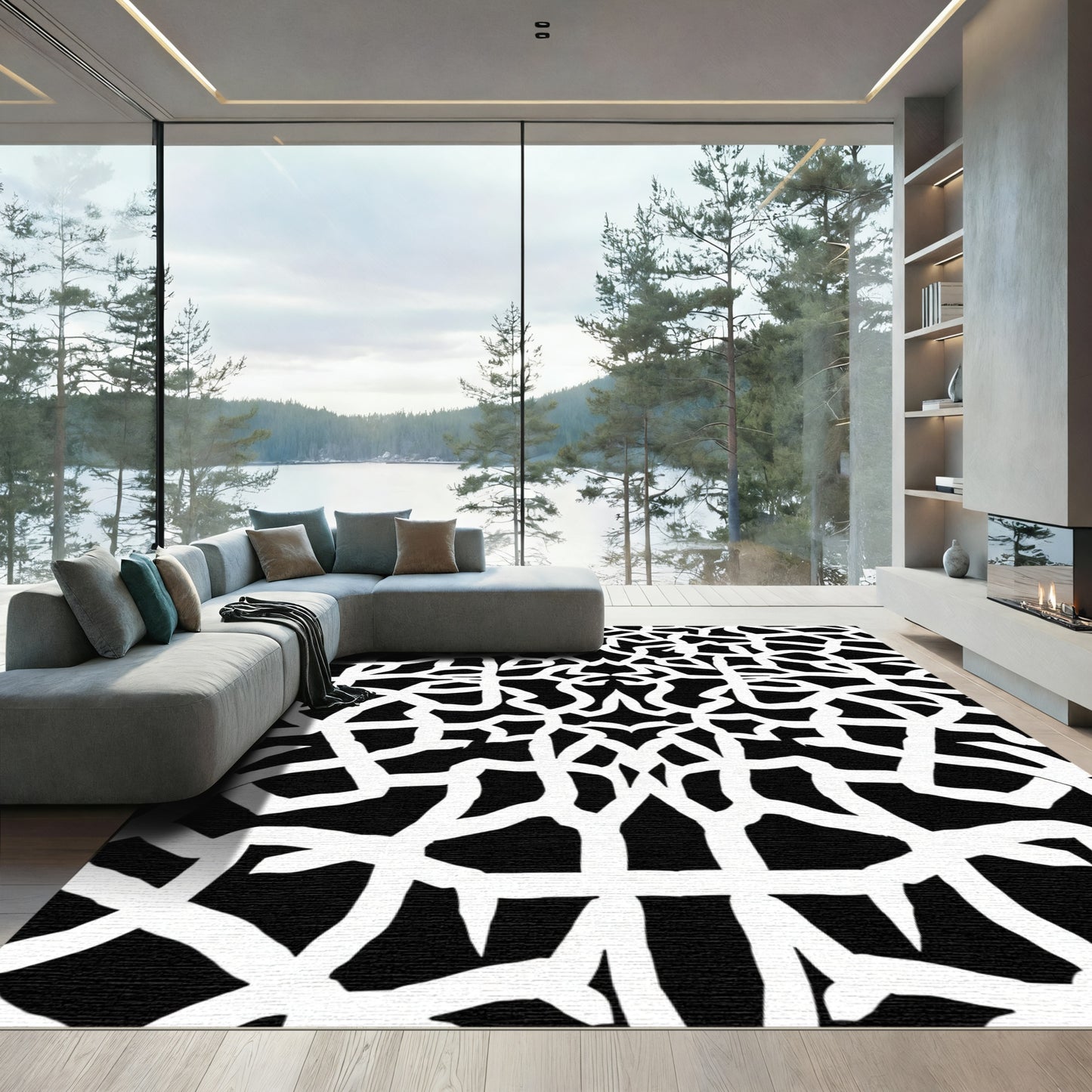 Black White Interconnected Web Rug